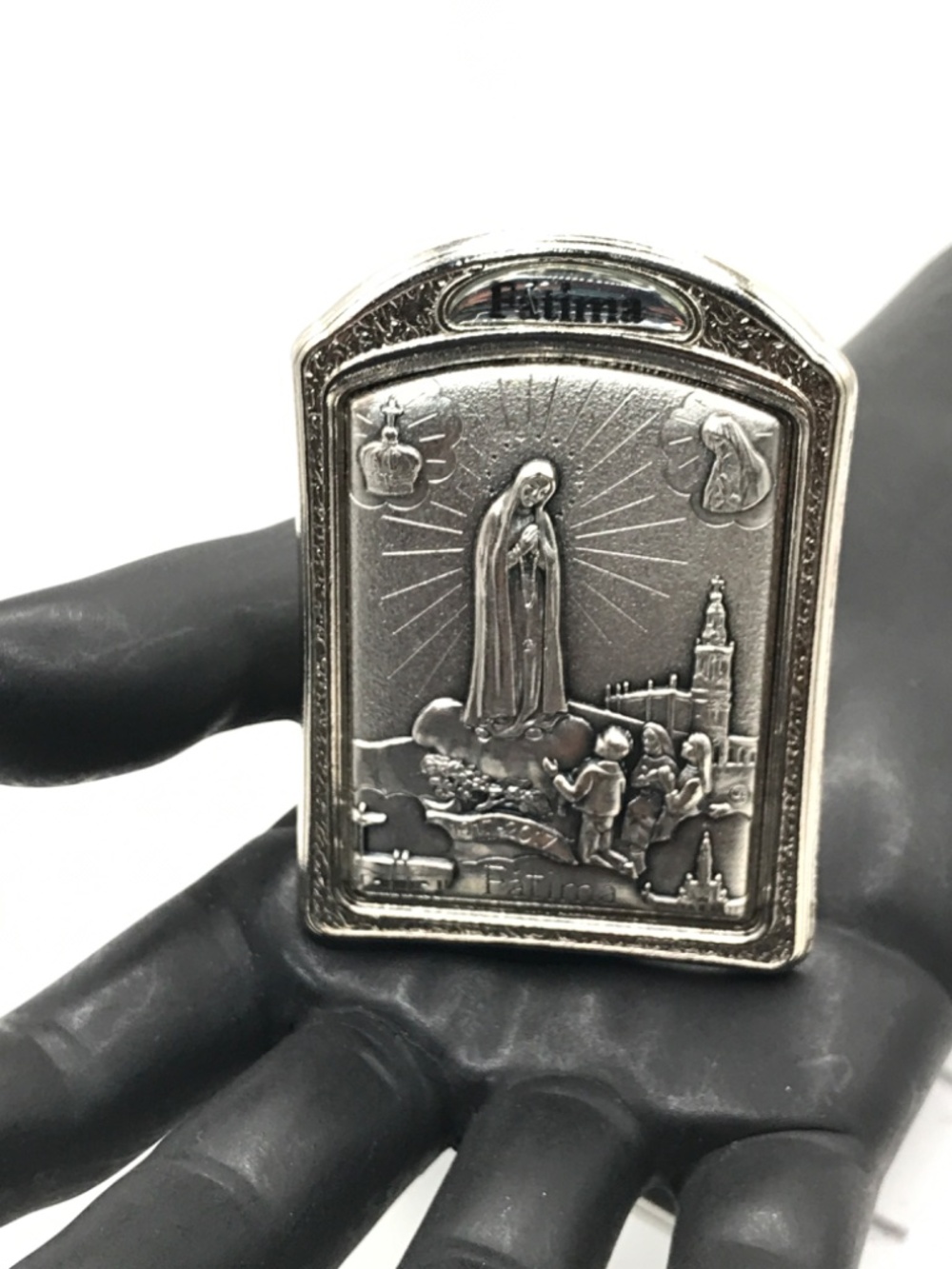 Our Lady of Fatima Plaque Silver Plate Metal Catholic Shrine 3" Italy Faith Gift